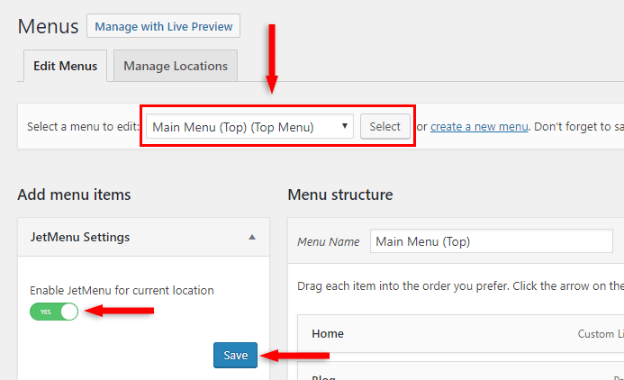 enable jetmenu mega menu wordpress