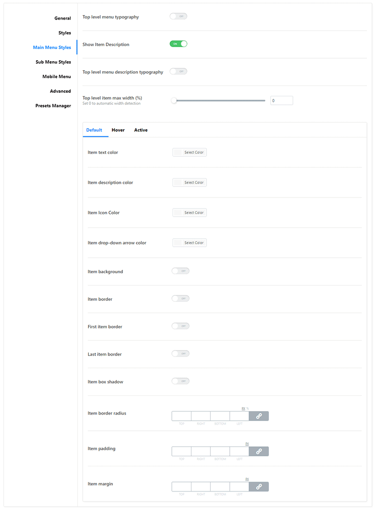 jetmenu main menu settings