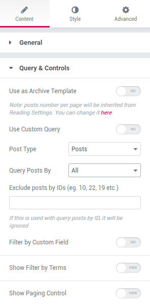 query and controls jetblog settings