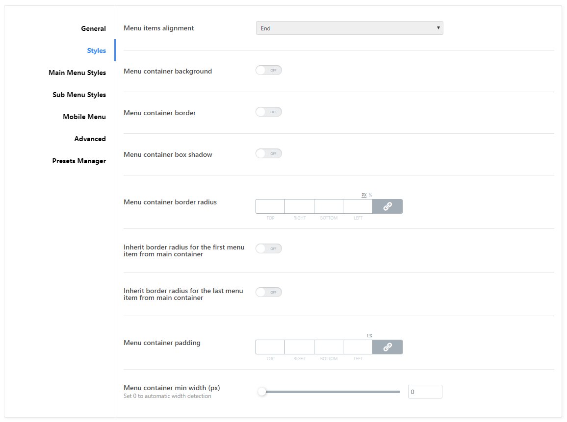 jetmenu styles settings