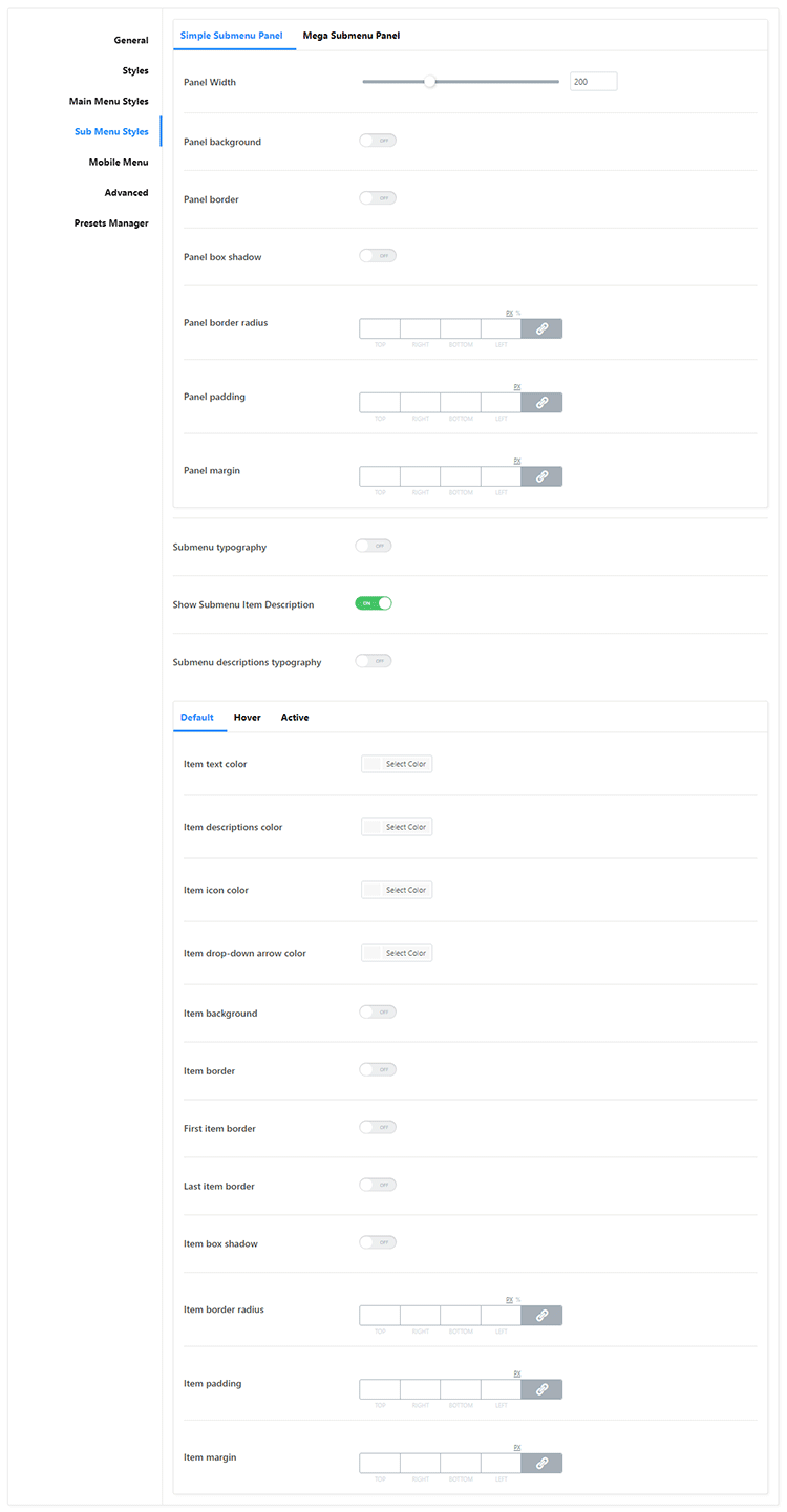 jetmenu sub menu settings